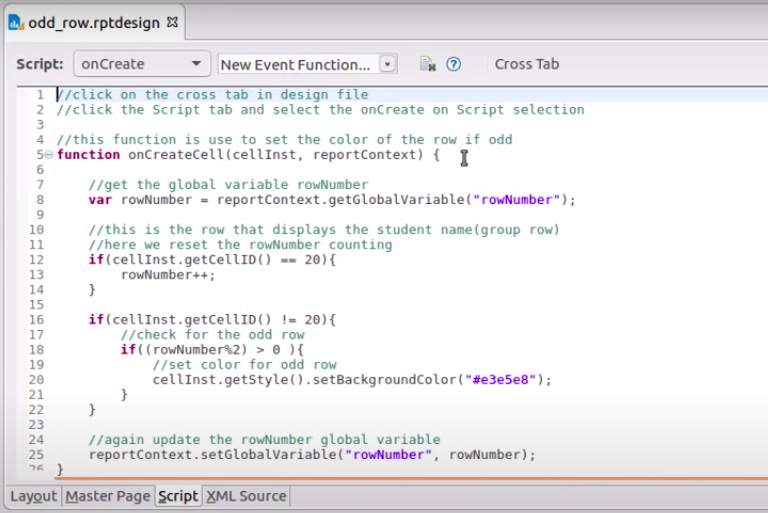 BIRT Report crosstab element onCreate script