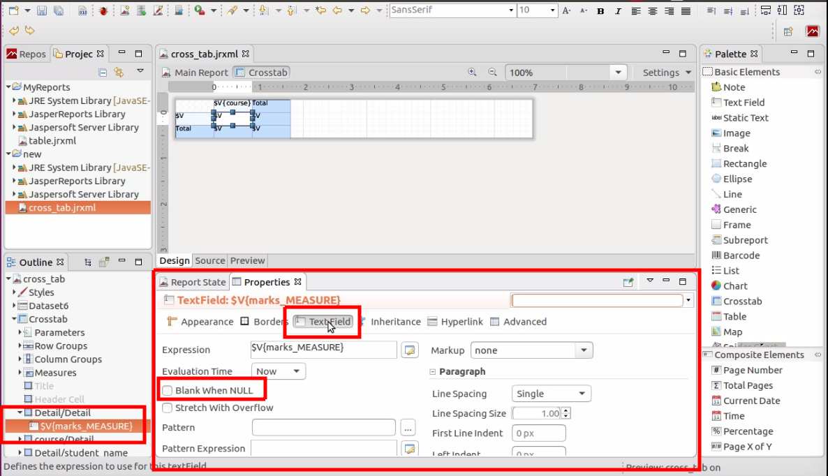 Jasper report Crosstab cell blank when null